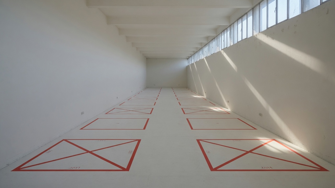 Vermilion tape marking a single lot on a gallery floor